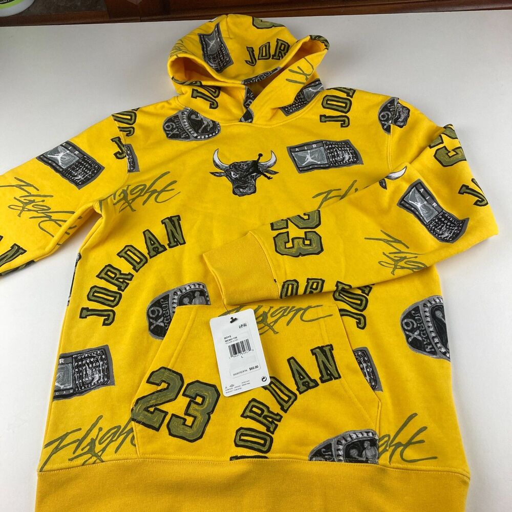 Nike Jordan Boys L 12-13 Hoodie Yellow All Over Graphic 23 Bulls NWT